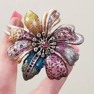 Purple, green pink gold red rhinestone, silver tone, vintage flower bangle